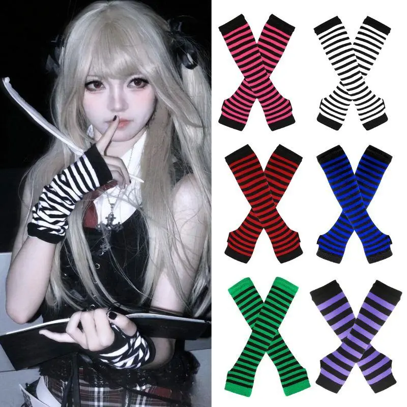 Hot Striped Half Finger Gloves Long Women Girls Arm Sleeve Gloves Warmer Christmas Halloween Elbow Mittens Knitted Wristband