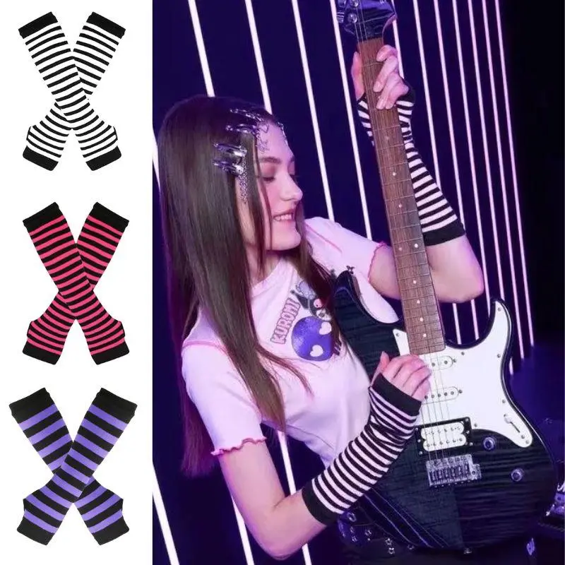 Hot Striped Half Finger Gloves Long Women Girls Arm Sleeve Gloves Warmer Christmas Halloween Elbow Mittens Knitted Wristband