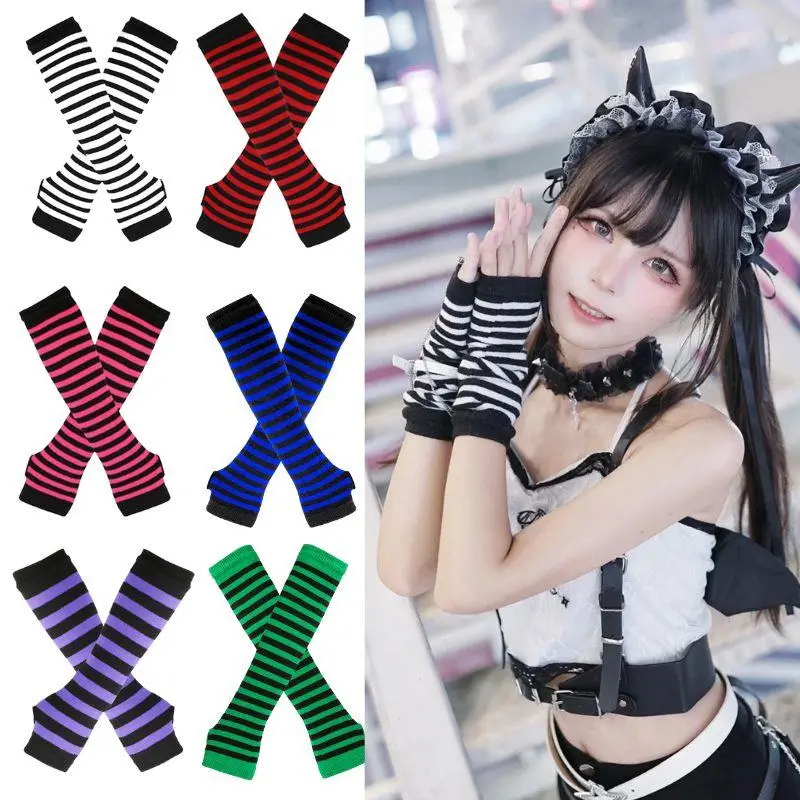 Hot Striped Half Finger Gloves Long Women Girls Arm Sleeve Gloves Warmer Christmas Halloween Elbow Mittens Knitted Wristband