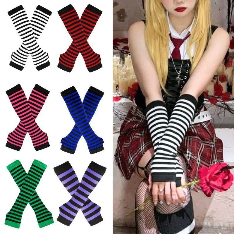 Hot Striped Half Finger Gloves Long Women Girls Arm Sleeve Gloves Warmer Christmas Halloween Elbow Mittens Knitted Wristband