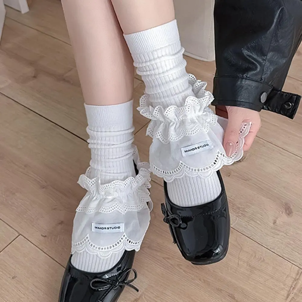 Korean Blogger Style White Lace Butterfly Knot Tied Band Socks Women's Ins Home Warm Footwear Ballet Style Socks Cuffs