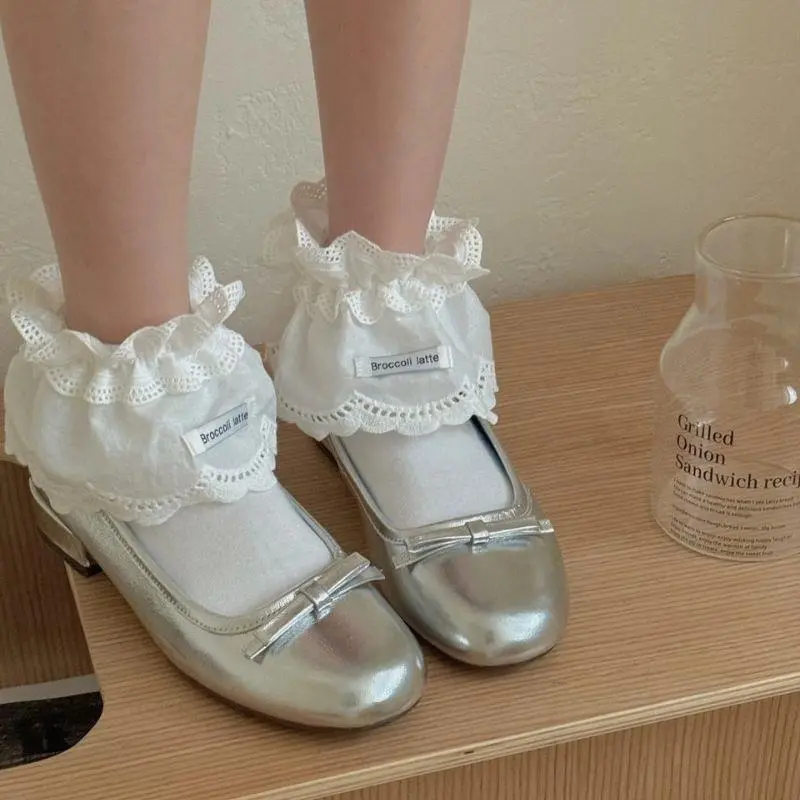Korean Blogger Style White Lace Butterfly Knot Tied Band Socks Women's Ins Home Warm Footwear Ballet Style Socks Cuffs