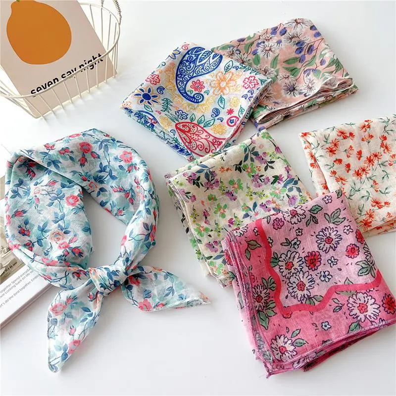 58*58Cm Floral Print Small Neckerchief Women Cotton Linen Square Scarf Elegant Neck Scarves Bandana Decorative Head Scarfs