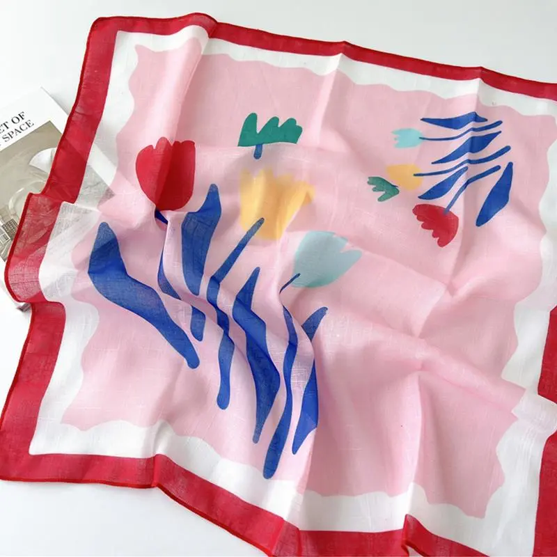 58*58Cm Floral Print Small Neckerchief Women Cotton Linen Square Scarf Elegant Neck Scarves Bandana Decorative Head Scarfs