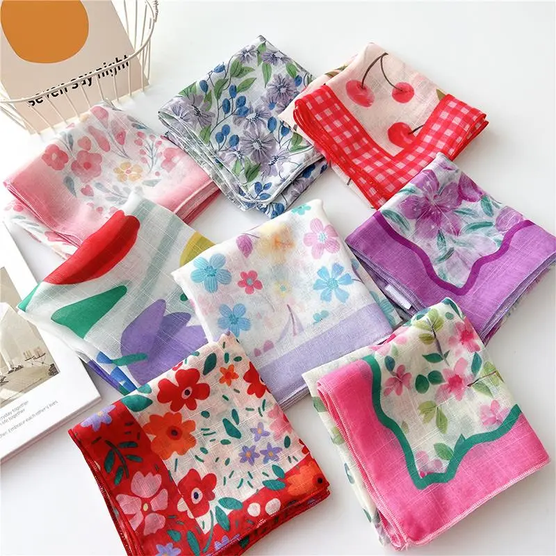 58*58Cm Floral Print Small Neckerchief Women Cotton Linen Square Scarf Elegant Neck Scarves Bandana Decorative Head Scarfs