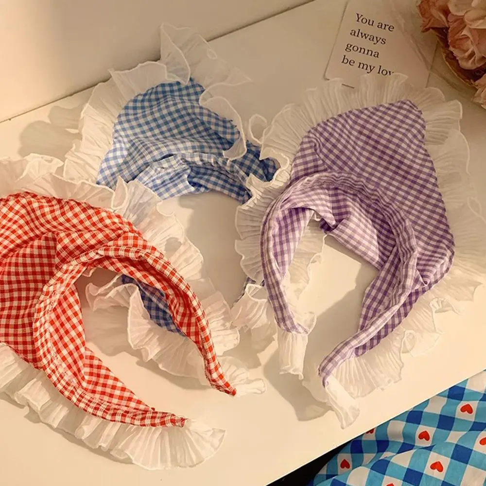 INS Lace Plaid Hair Scarf Women Korean Triangle Hair Band Travel Photo Headband Sunscreen Headscarf Girls Cotton Neckerchief