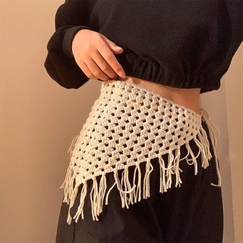 Y2K Hollow-Out Fringe Triangle Scarf For Women Spring Adjustable Layering Accessory Versatile Waist Hip Wrap Fashion Bandana