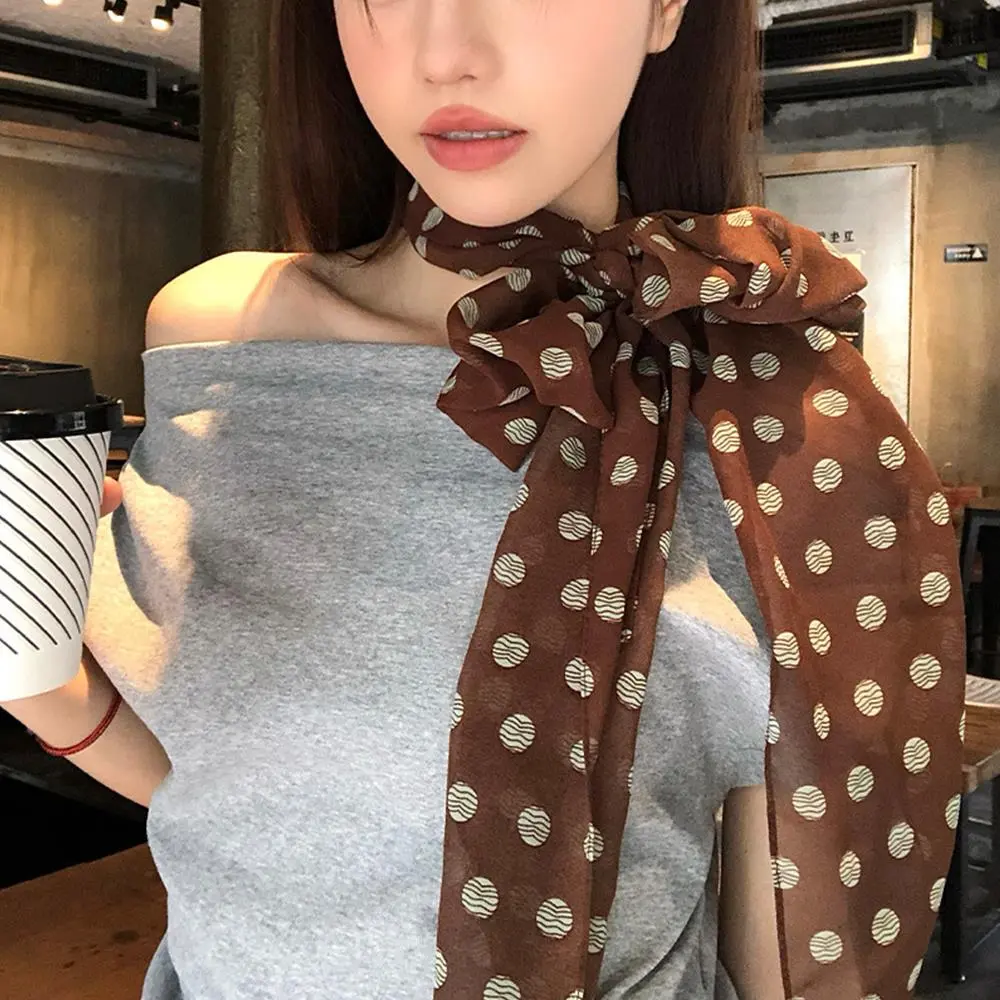 Retro Brown Polka Dots Long Silk Scarves For Women Ins Chiffon Neck Long Scarves Lady Headscarf Fashion Party Scarf Accessories