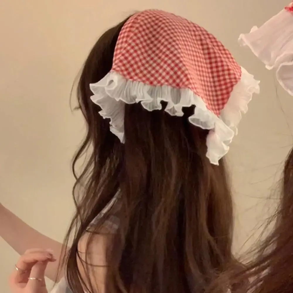 Summer Lace Triangle Headscarf Woman Headwear Colorful Plaid Triangular Hair Scarf Headband Hair Accessories Sweet Turban Cap