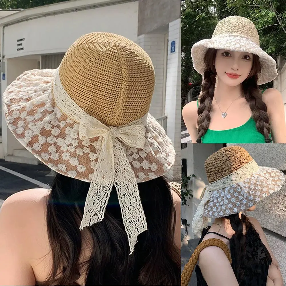 Summer Hat Women Lace Ribbon Bow Brimmed Sunshade Bucket Hat Lady Folding Sun Hat Beach Accessories Sunscreen Travel New Sunhat