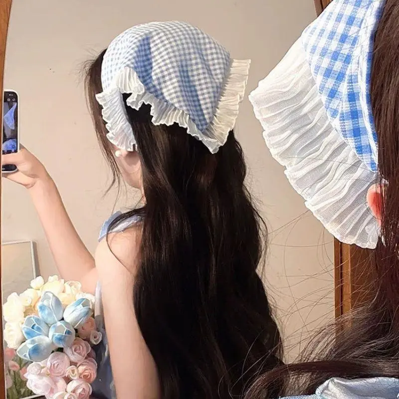 Summer Lace Triangle Headscarf Woman Headwear Colorful Plaid Triangular Hair Scarf Headband Hair Accessories Sweet Turban Cap