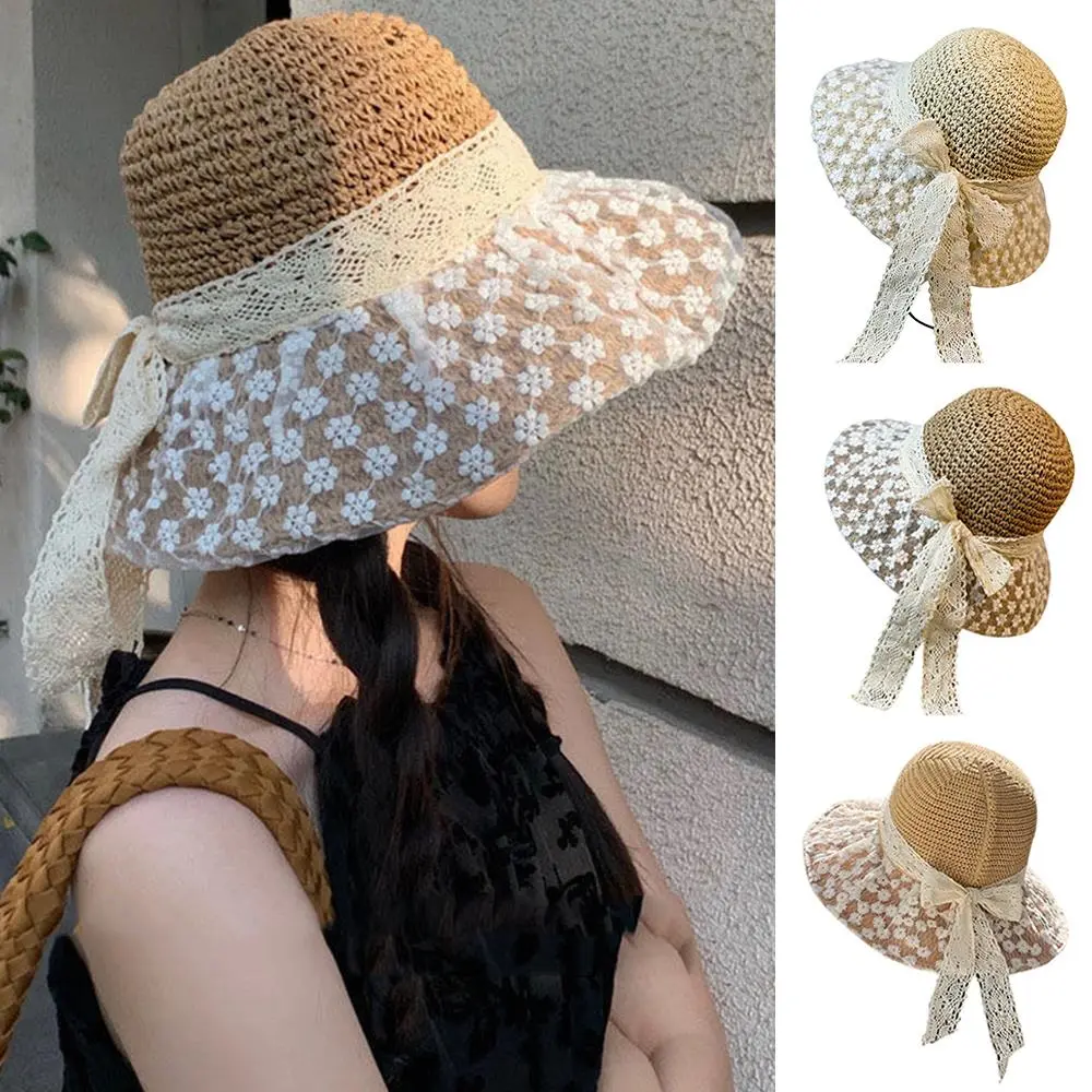 Summer Hat Women Lace Ribbon Bow Brimmed Sunshade Bucket Hat Lady Folding Sun Hat Beach Accessories Sunscreen Travel New Sunhat