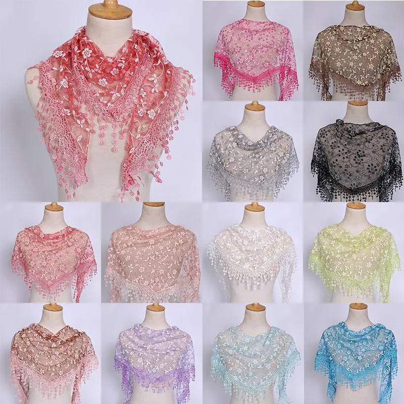 150*40cm Tassel Triangle Scarf For Women Embroidered Lace Veil Floral Headcovering Veils For The Church's Female Wrap Shawls