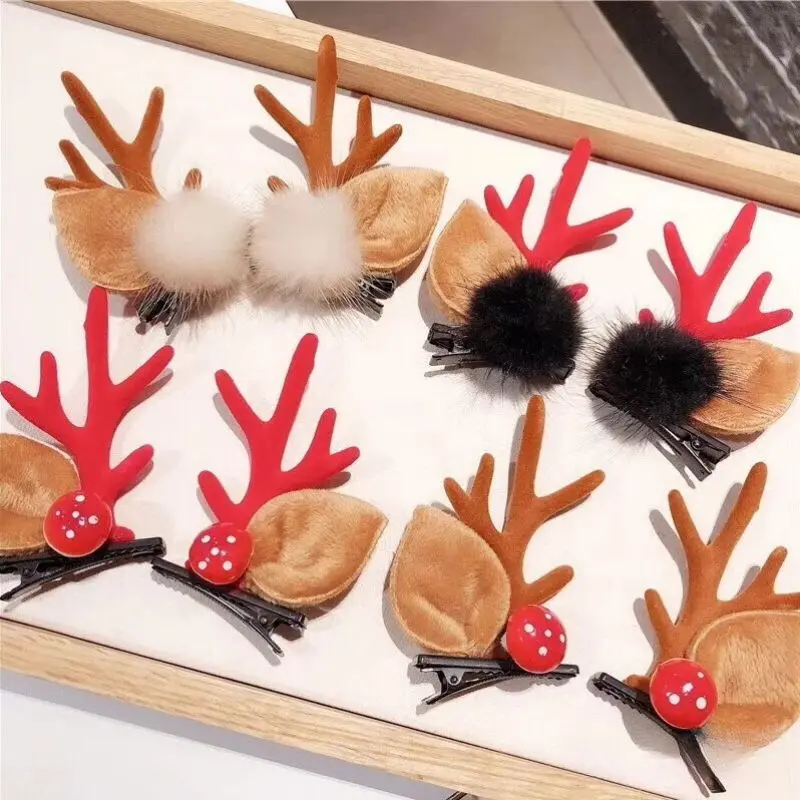 1 Pair Christmas Hair Clips Cartoon Plush Elk Ear Hairpins Santa Snowman Barrette For Kids Women Cosplay Headwear Xmas New Year