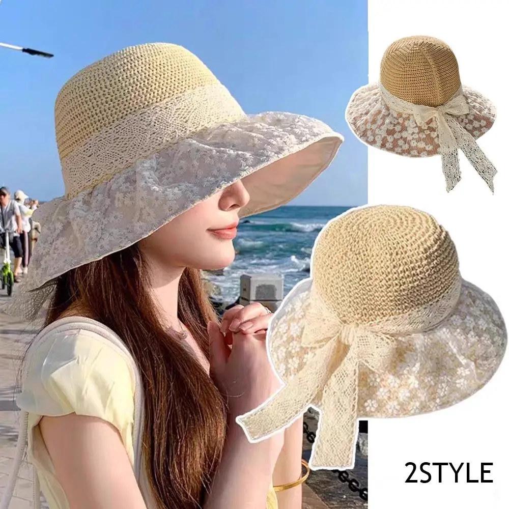 Summer Hat Women Lace Ribbon Bow Brimmed Sunshade Bucket Hat Lady Folding Sun Hat Beach Accessories Sunscreen Travel New Sunhat