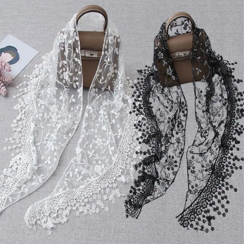 150*40cm Tassel Triangle Scarf For Women Embroidered Lace Veil Floral Headcovering Veils For The Church's Female Wrap Shawls
