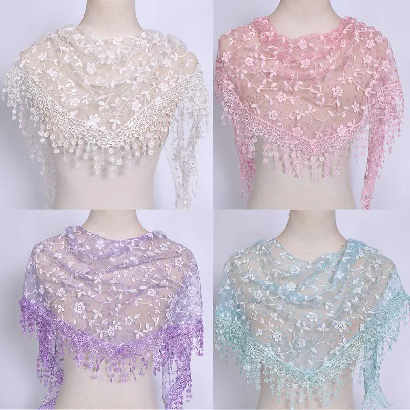 150*40cm Tassel Triangle Scarf For Women Embroidered Lace Veil Floral Headcovering Veils For The Church's Female Wrap Shawls