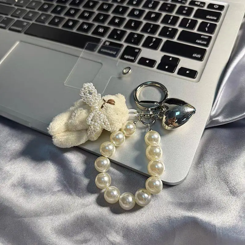 Plush Bear Pearl Bracelets Cell Phone Chain Cute Doll Bag Charms Keychain Pendant Girl Heart Hanging Ornament Trendy Keyring