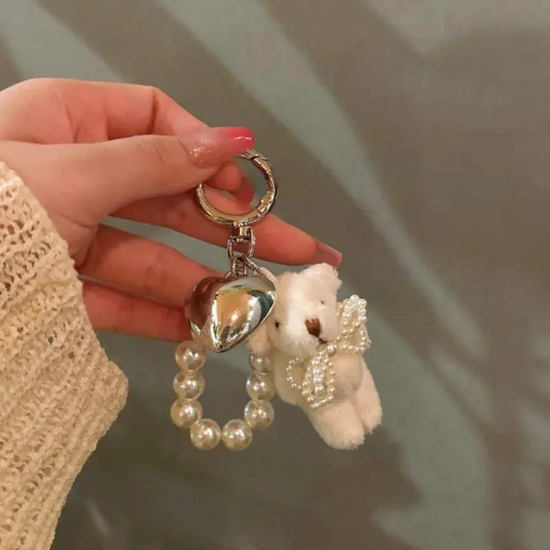 Plush Bear Pearl Bracelets Cell Phone Chain Cute Doll Bag Charms Keychain Pendant Girl Heart Hanging Ornament Trendy Keyring