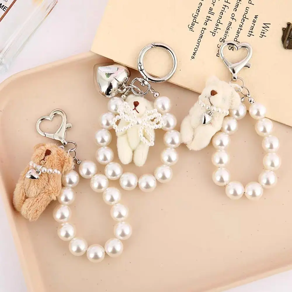 Plush Bear Pearl Bracelets Cell Phone Chain Cute Doll Bag Charms Keychain Pendant Girl Heart Hanging Ornament Trendy Keyring