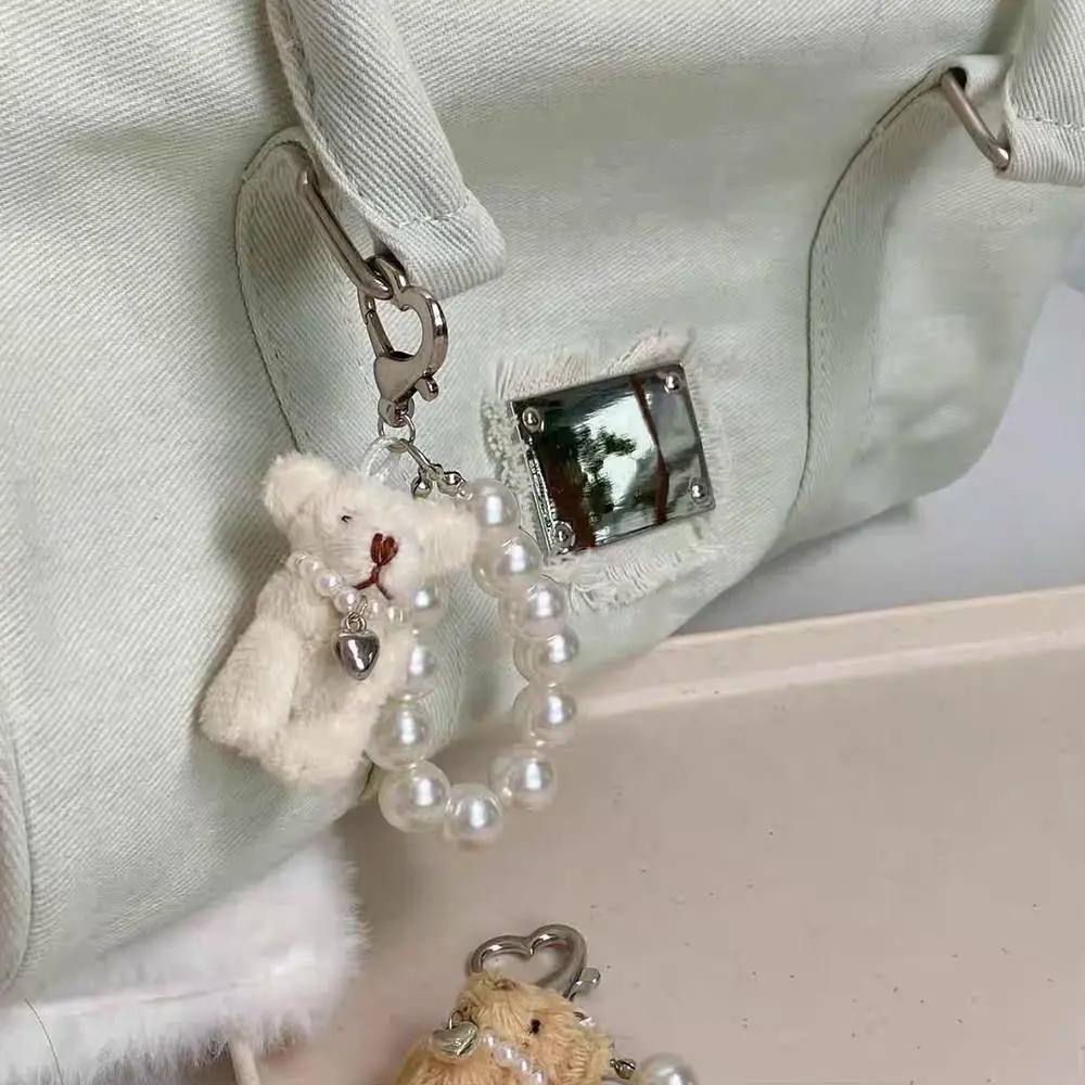 Plush Bear Pearl Bracelets Cell Phone Chain Cute Doll Bag Charms Keychain Pendant Girl Heart Hanging Ornament Trendy Keyring