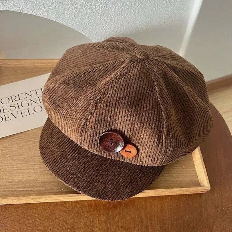 1pc Double Button Decoration Corduroy Baseball Caps Keep Warm Windproof Newspaper Hat Adjustable Beret Autumn Winter Sun Cap