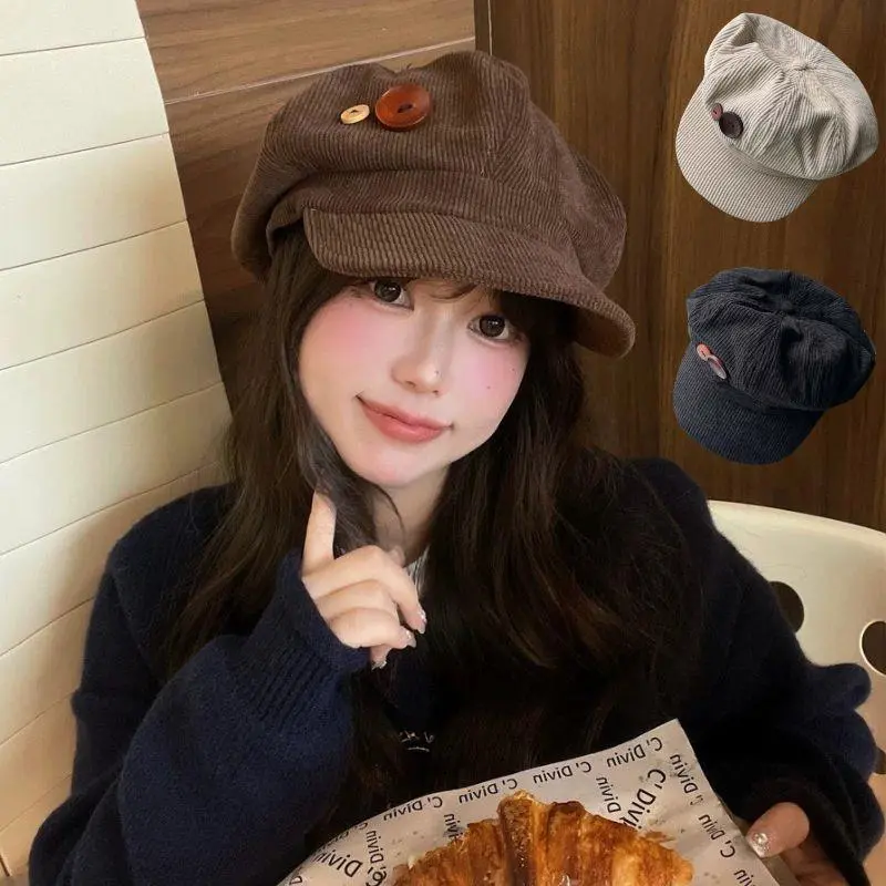 1pc Double Button Decoration Corduroy Baseball Caps Keep Warm Windproof Newspaper Hat Adjustable Beret Autumn Winter Sun Cap