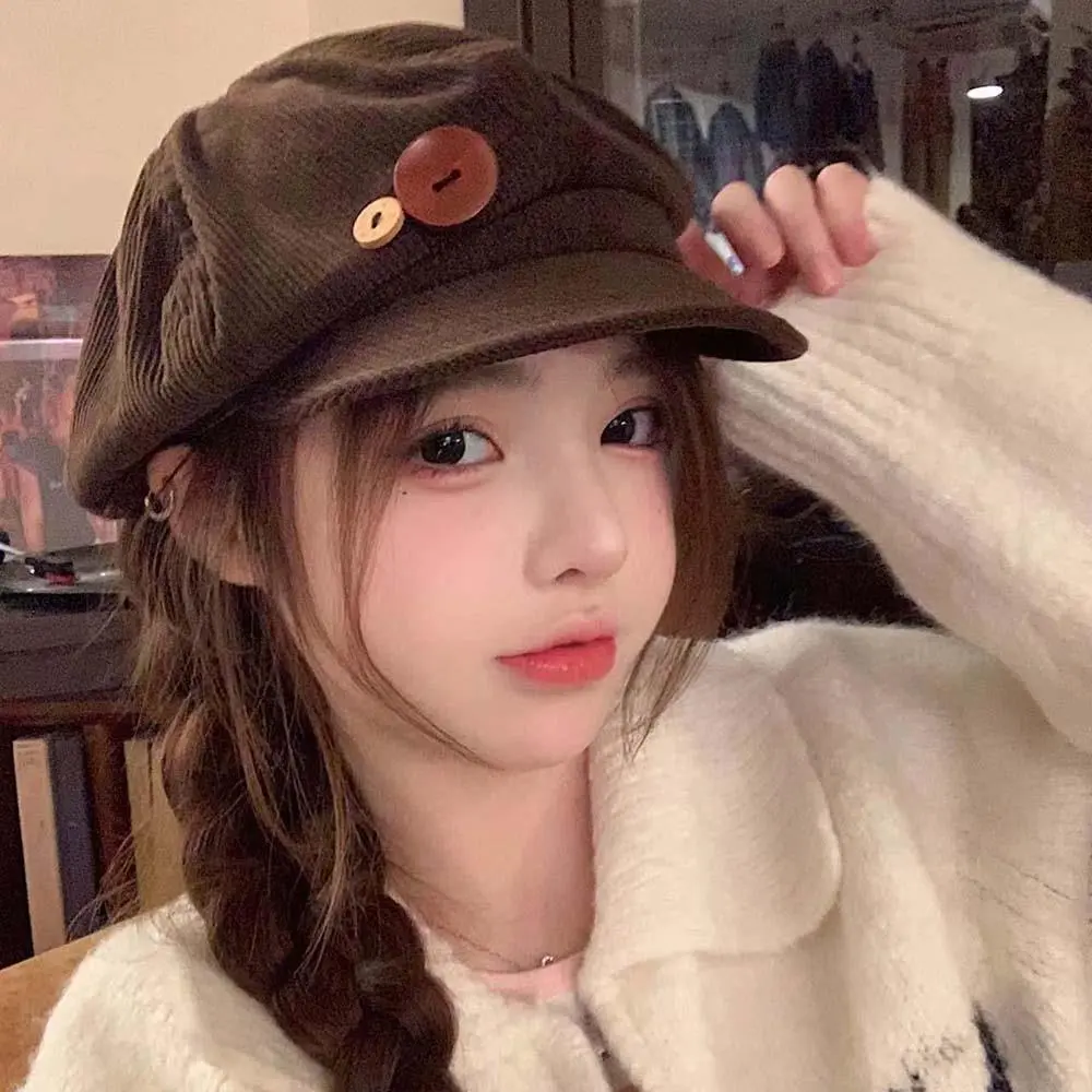 1pc Double Button Decoration Corduroy Baseball Caps Keep Warm Windproof Newspaper Hat Adjustable Beret Autumn Winter Sun Cap