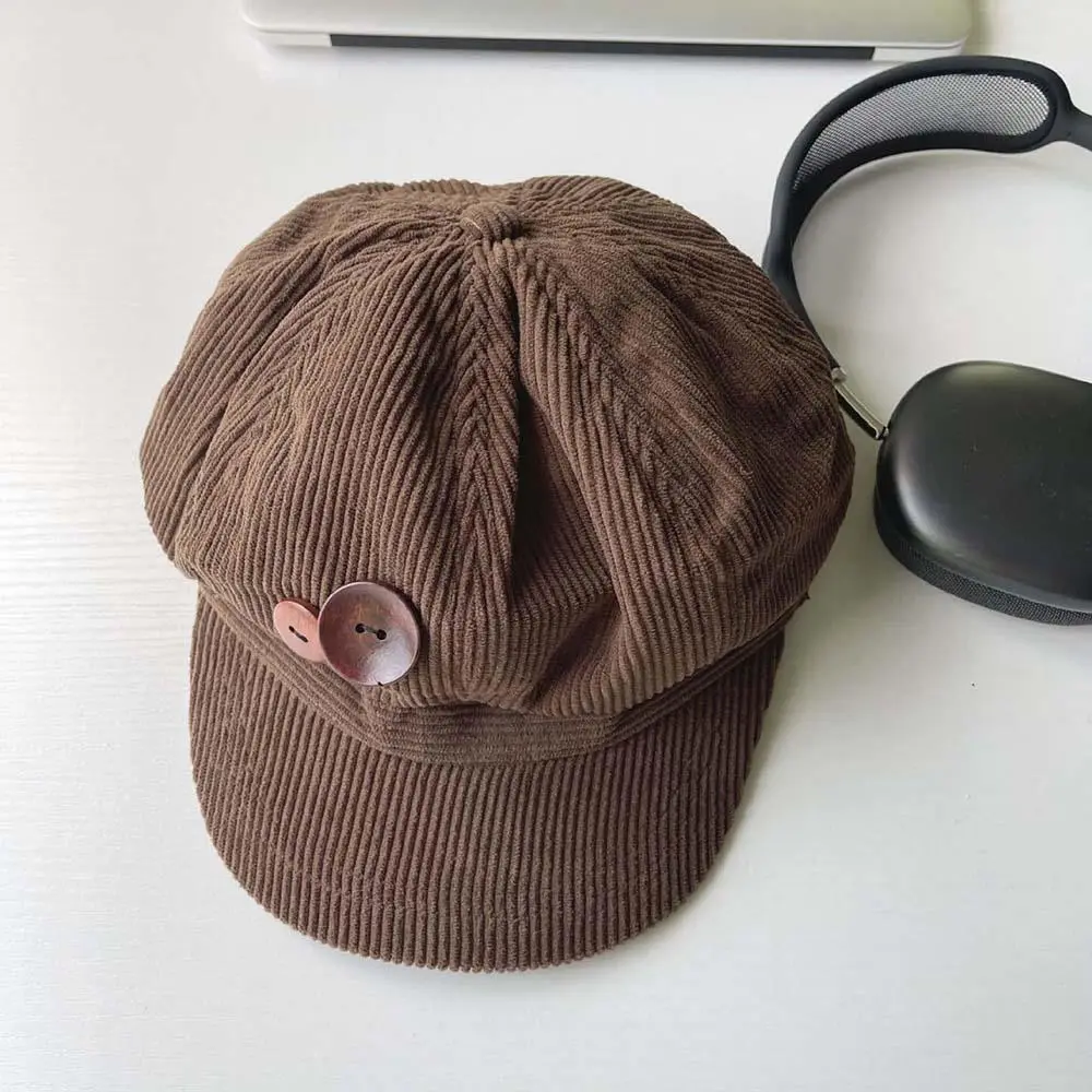 1pc Double Button Decoration Corduroy Baseball Caps Keep Warm Windproof Newspaper Hat Adjustable Beret Autumn Winter Sun Cap