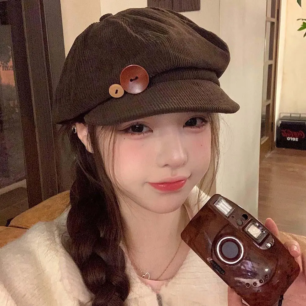 1pc Double Button Decoration Corduroy Baseball Caps Keep Warm Windproof Newspaper Hat Adjustable Beret Autumn Winter Sun Cap