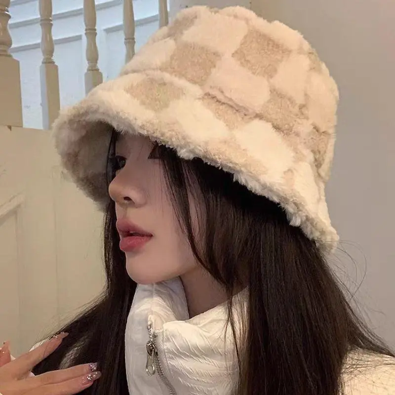 Thicken Lamb Plush Fisherman Hat Fashion Autumn Winter Plush Plaid Bucket Hat Panama Hat Sun Protect Hats Wide Brim Caps