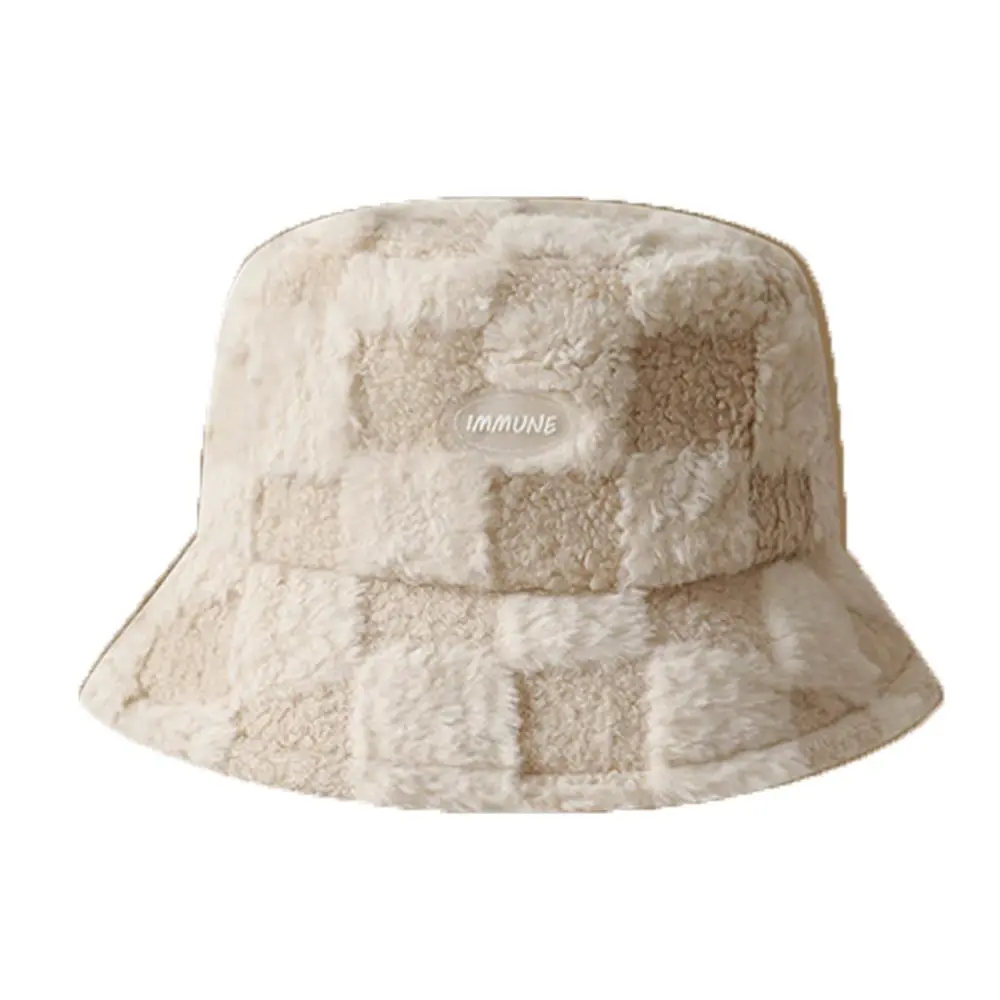 Thicken Lamb Plush Fisherman Hat Fashion Autumn Winter Plush Plaid Bucket Hat Panama Hat Sun Protect Hats Wide Brim Caps