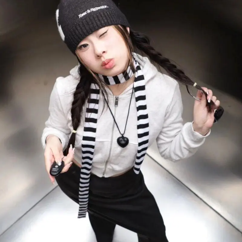 Y2k Harajuku Retro Striped Neck Scarf Women Long Scarves Streetwear Decorative Scarf Black Grey Stripe 180cm Thin Neckerchief