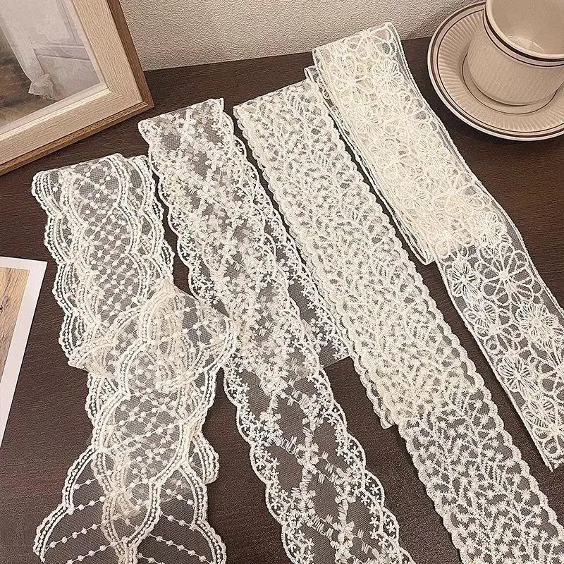 Korean Long Lace Floral Scarf Ribbon Embroidered Neck Scarf Women Skinny Headscarf Crochet Headband Small Scarves Neckerchief