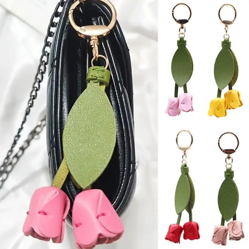 PU Leather Flower Shaped Bag Charm Genuine Leather Rope Women's Tulip Bag Pendant Car Keychain Hand Rope Accessories