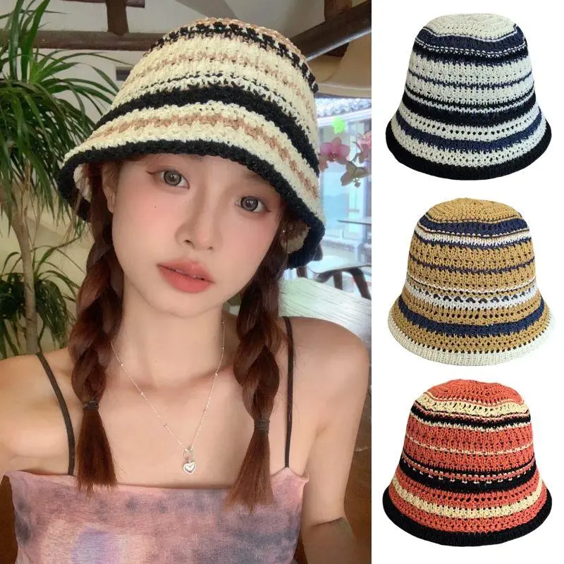 New Summer Knitted Bucket Hat Breathable Crochet Beach Cap Hollow Fisherman Caps Outdoor Sun Protection Wide Brim Sun Hat