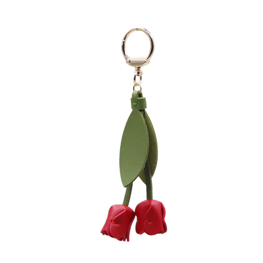 PU Leather Flower Shaped Bag Charm Genuine Leather Rope Women's Tulip Bag Pendant Car Keychain Hand Rope Accessories