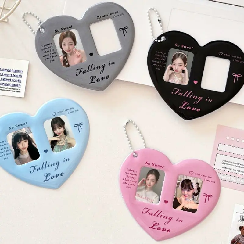 INS Heart Card Sleeve 1 Inch Photocard Holder Double Grids Heart Shaped Photo Card Holder Photo Frame Photo Pocket Bag Pendant