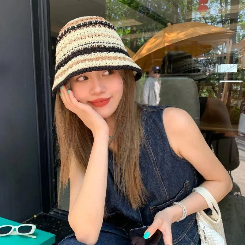 Summer Hollow Knitted Fisherman Caps Sun Protection Straw Bucket Hat Breathable Beach Cap Panama Cap Outdoor Wide Brim Hats
