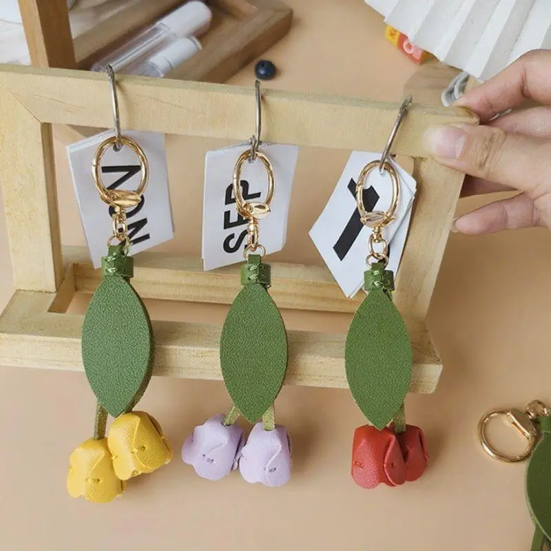 PU Leather Flower Shaped Bag Charm Genuine Leather Rope Women's Tulip Bag Pendant Car Keychain Hand Rope Accessories