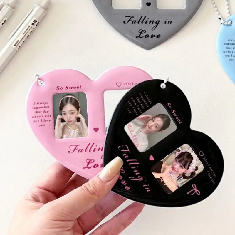 INS Heart Card Sleeve 1 Inch Photocard Holder Double Grids Heart Shaped Photo Card Holder Photo Frame Photo Pocket Bag Pendant
