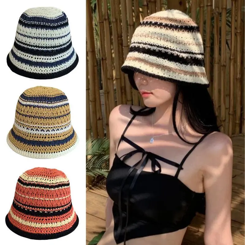 Summer Hollow Knitted Fisherman Caps Sun Protection Straw Bucket Hat Breathable Beach Cap Panama Cap Outdoor Wide Brim Hats
