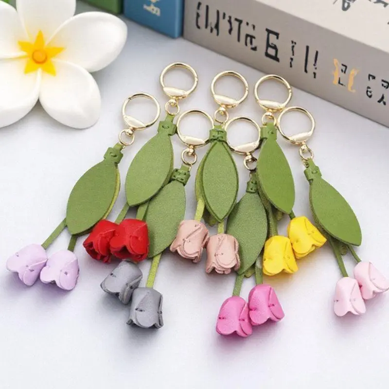 PU Leather Flower Shaped Bag Charm Genuine Leather Rope Women's Tulip Bag Pendant Car Keychain Hand Rope Accessories