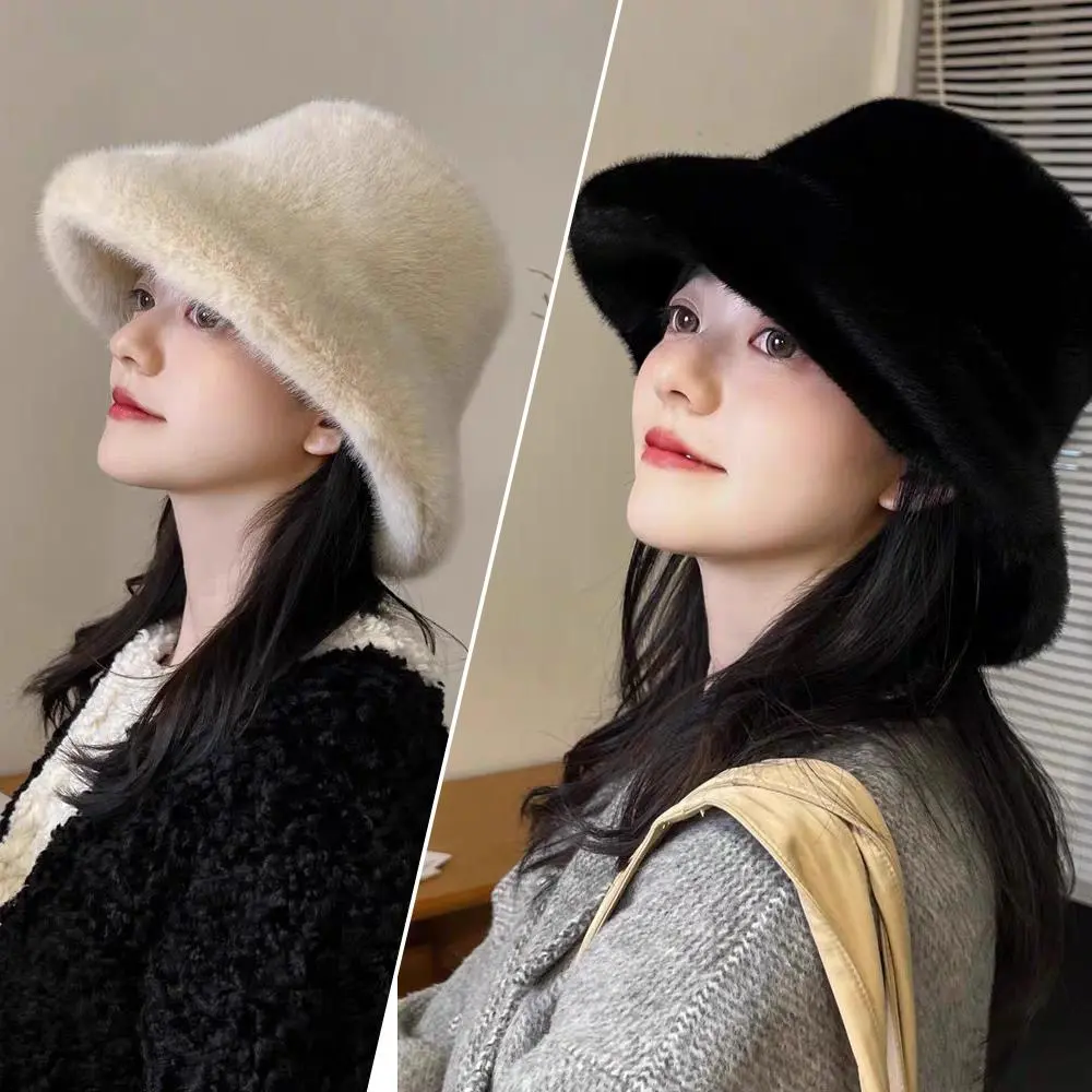 Fluffy Fur Fisherman Hat For Women Winter Plush Windproof Panama Cap Velvet Thicken Bucket Hat Outdoor Casual Ear Protection Cap
