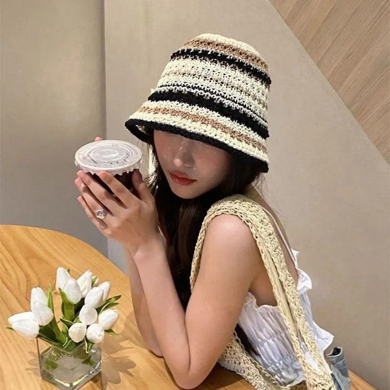Summer Hollow Knitted Fisherman Caps Sun Protection Straw Bucket Hat Breathable Beach Cap Panama Cap Outdoor Wide Brim Hats