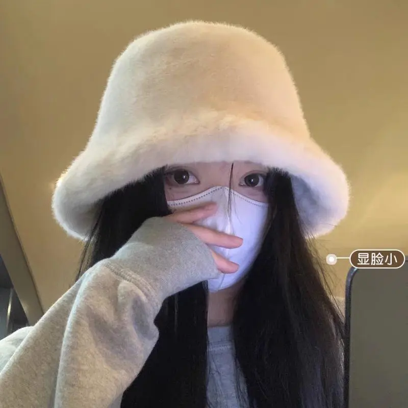 Fluffy Fur Fisherman Hat For Women Winter Plush Windproof Panama Cap Velvet Thicken Bucket Hat Outdoor Casual Ear Protection Cap