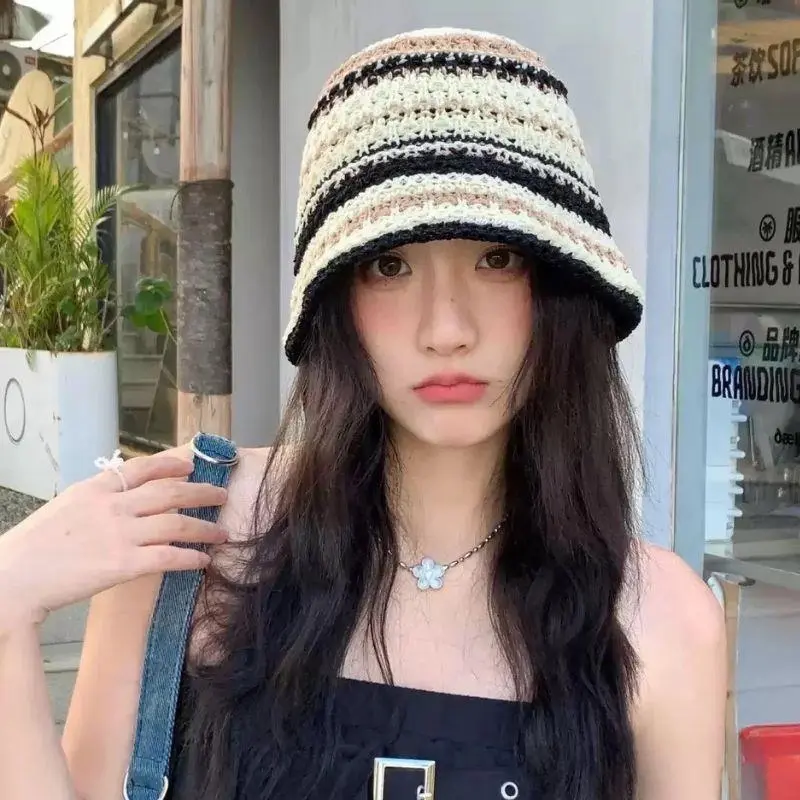 Summer Hollow Knitted Fisherman Caps Sun Protection Straw Bucket Hat Breathable Beach Cap Panama Cap Outdoor Wide Brim Hats