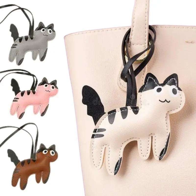 PU Leather Cow Cat Bag Pendant Creative Keychain Kitten Lanyard Bag Accessory Car Keyring Bag Charm Gift Hanging Decoration