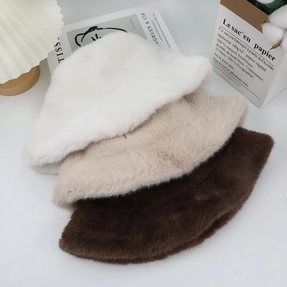 Fluffy Fur Fisherman Hat For Women Winter Plush Windproof Panama Cap Velvet Thicken Bucket Hat Outdoor Casual Ear Protection Cap