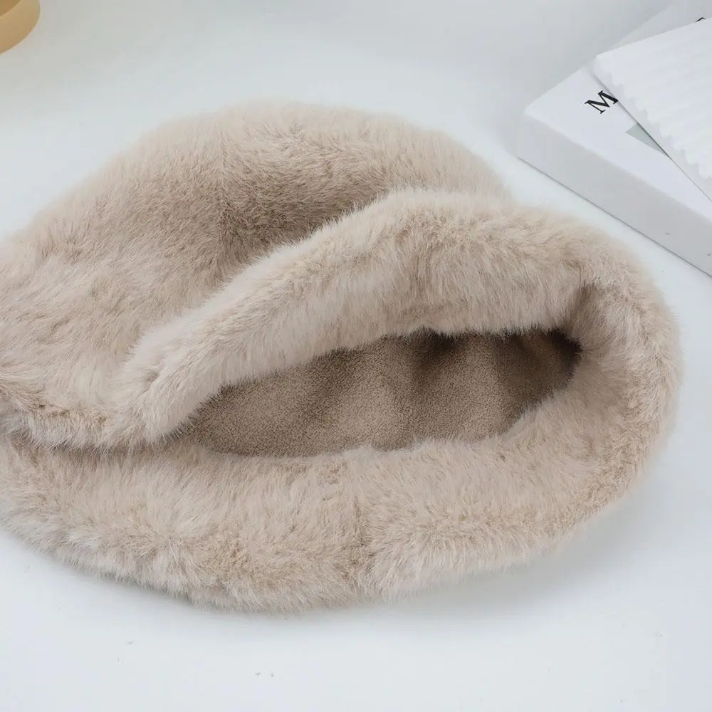 Fluffy Fur Fisherman Hat For Women Winter Plush Windproof Panama Cap Velvet Thicken Bucket Hat Outdoor Casual Ear Protection Cap